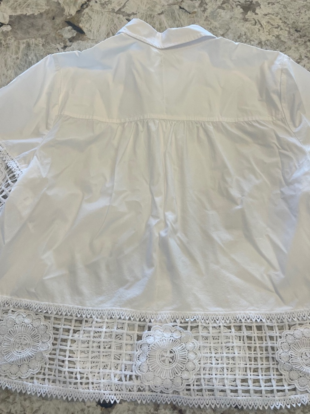 Chico's Poplin White Crochet Trim Shirt Button Up Statement Summer Crisp Cotton - Picture 7 of 8